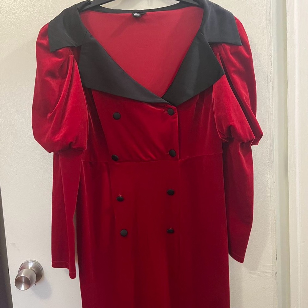 SHEIN Modely Puff Long Sleeve Velour Midi Red Dress w/Satiny Black Collar, Sz XL